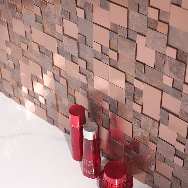Copper mixed rectangle mosaic tile with pink and antique metal finishes
