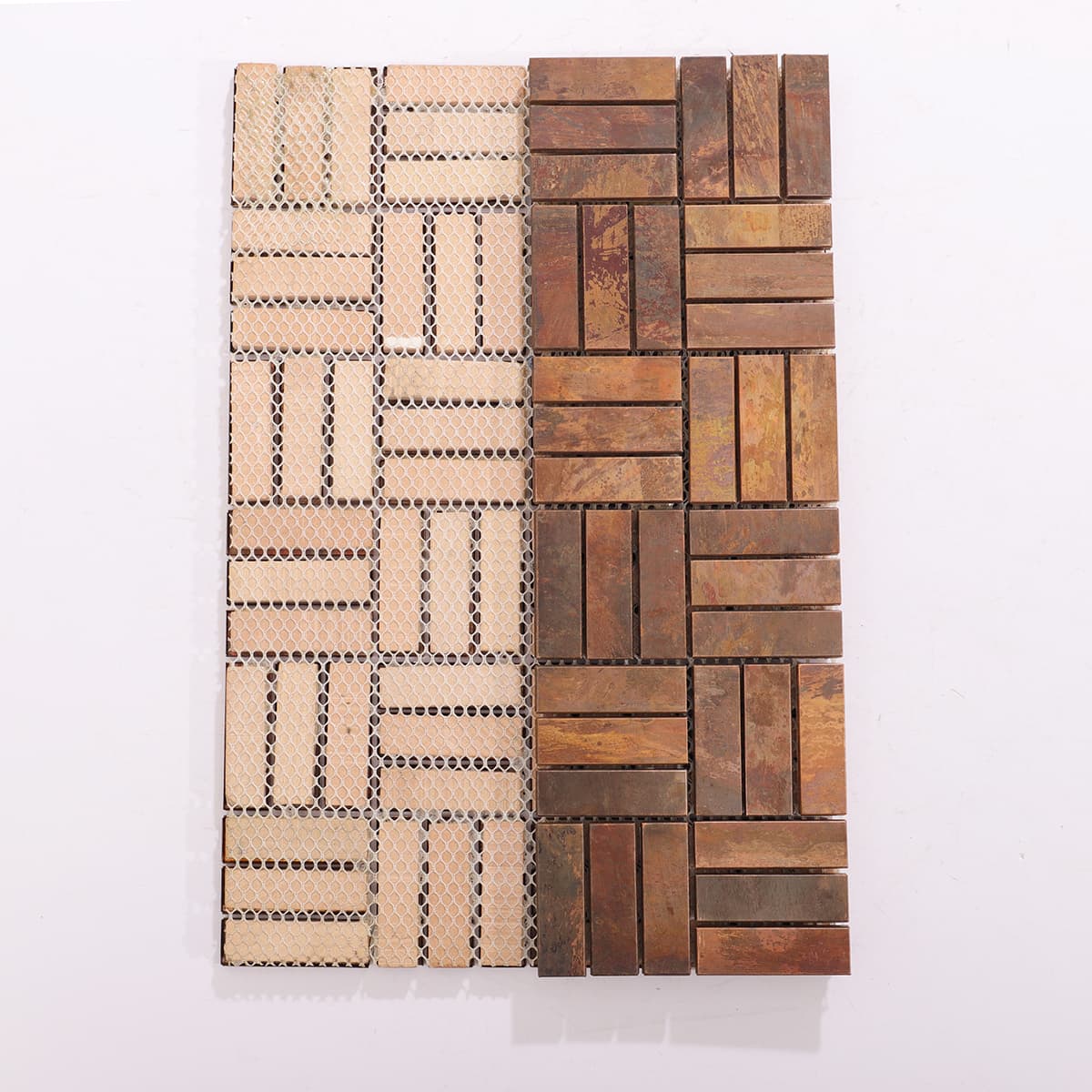 Back view of copper mosaic with mesh backing