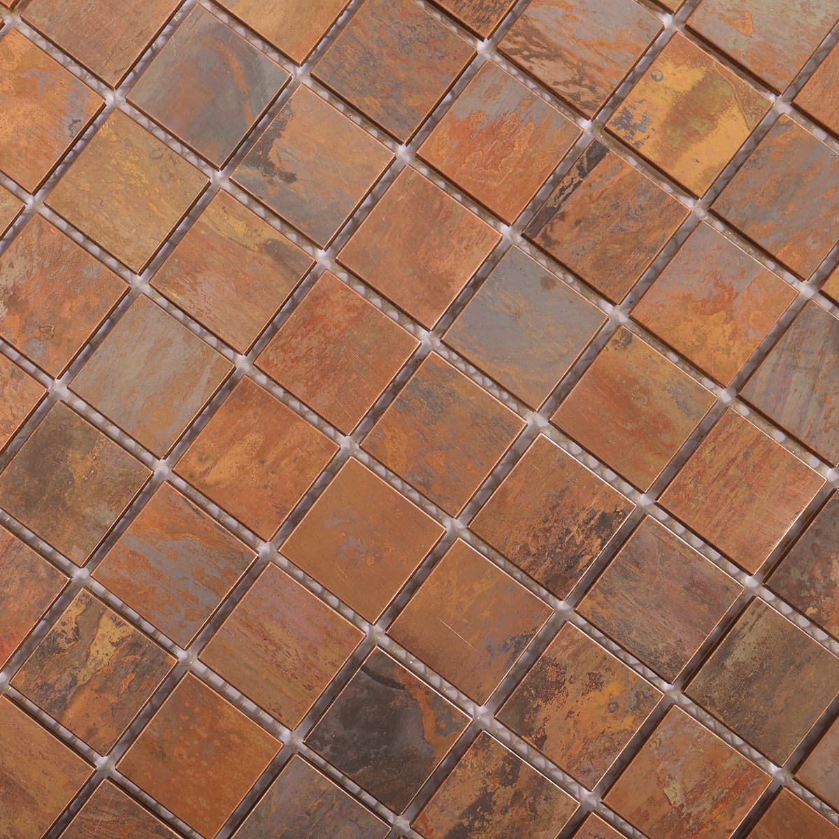 Angled detail of flat copper mosaic showing color variation