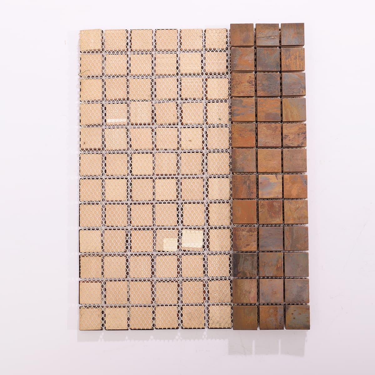 Back view of flat copper mosaic sheet with mesh