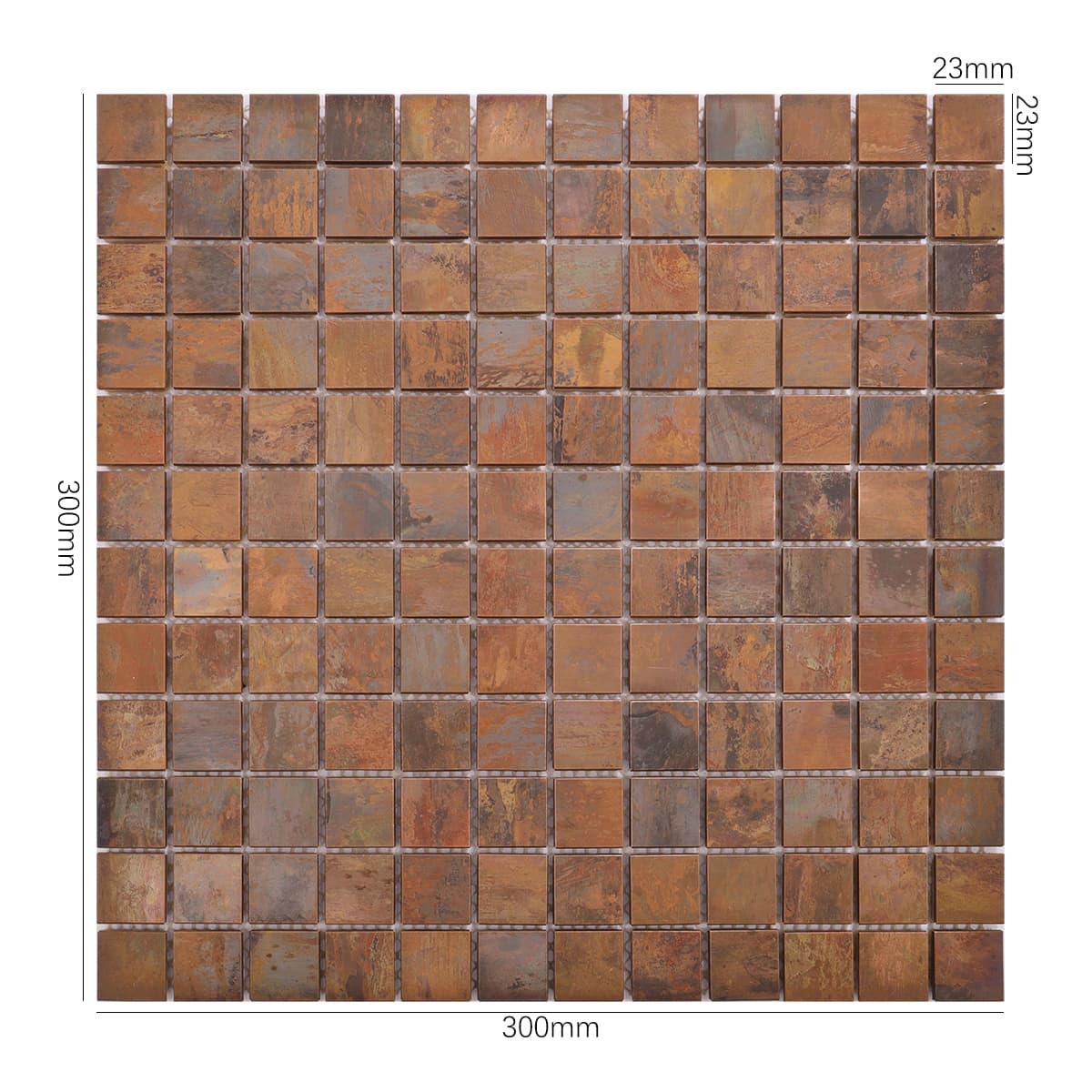 Flat copper mosaic tile with antique surface finish