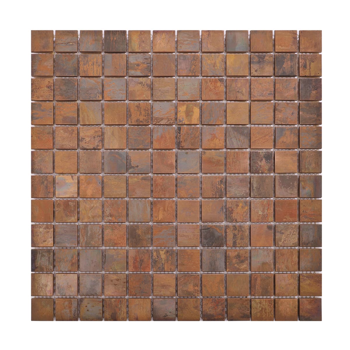 Full view of flat copper mosaic in warm vintage tones