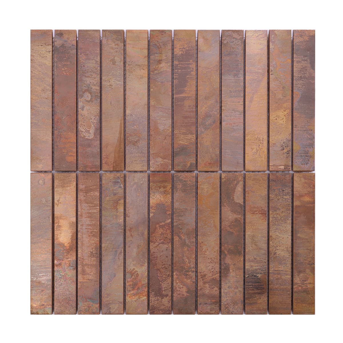 Full sheet view of long strip copper mosaic tile