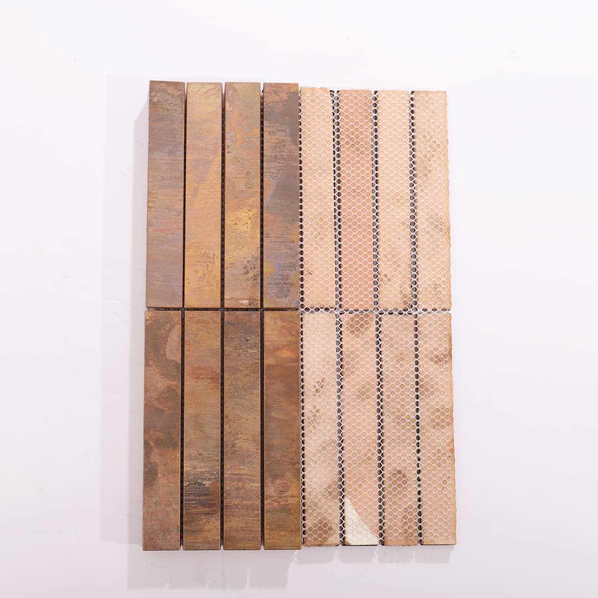 Back mesh view of copper long strip mosaic tile