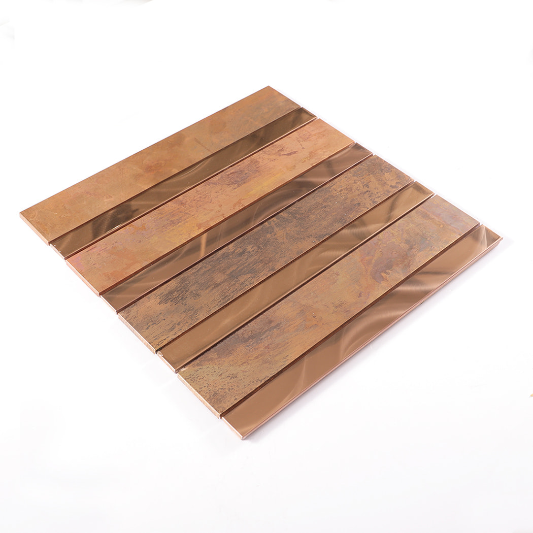 Layout of copper and rose gold stainless steel linear mosaic wall tile sheet