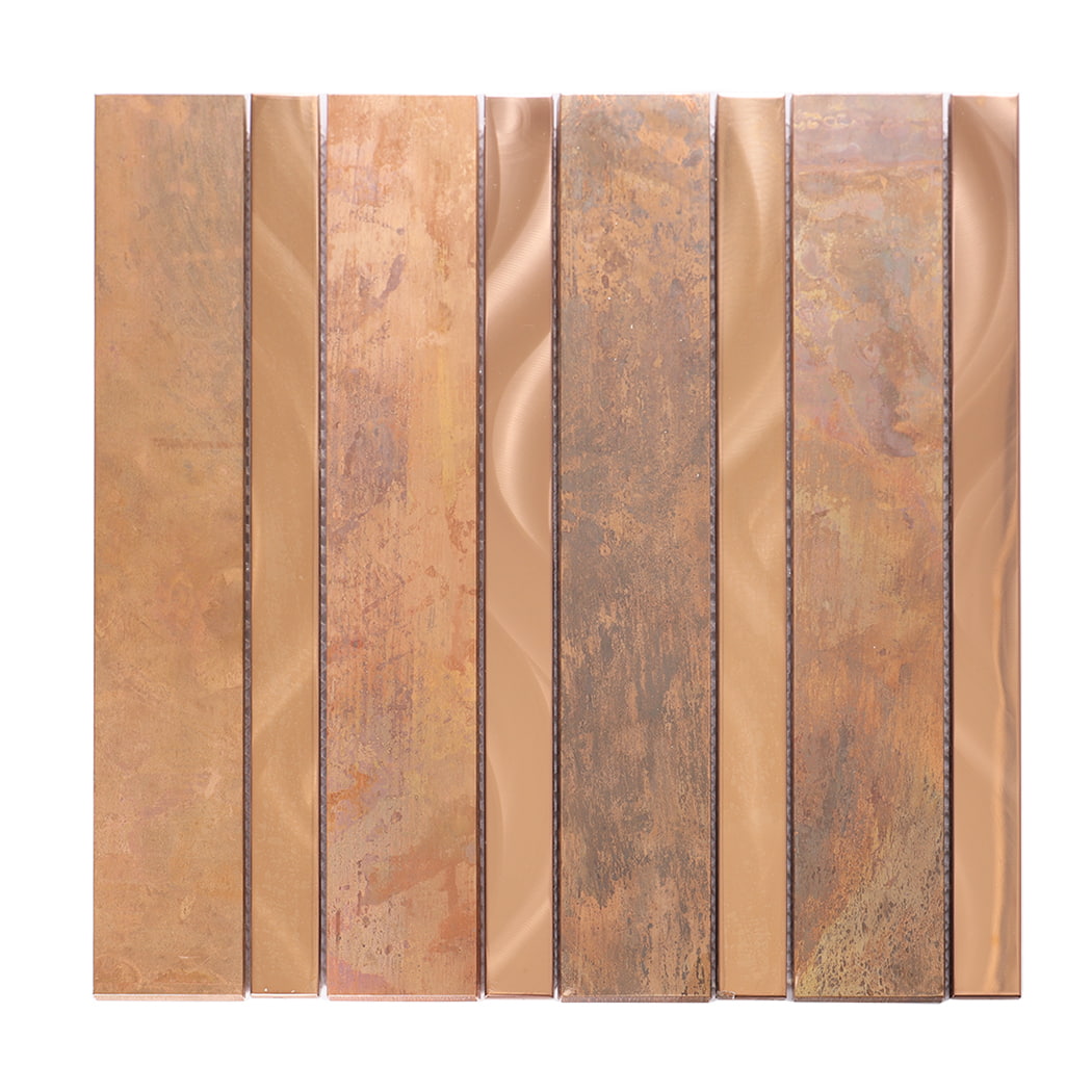 Front view of copper and rose gold stainless steel linear mosaic tile sheet