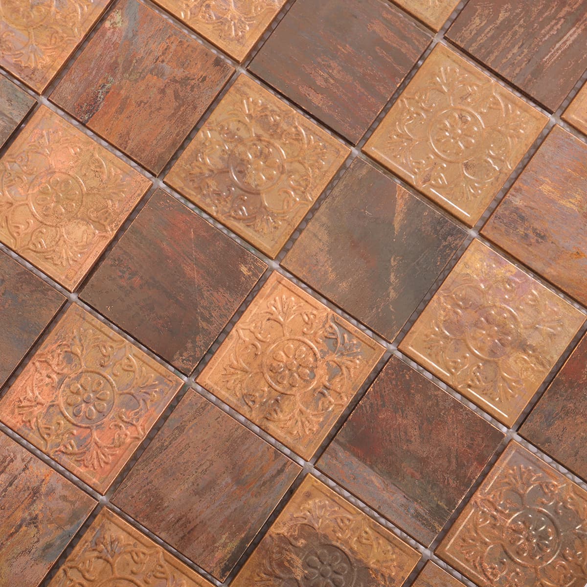 Antique copper mosaic with alternating embossed and flat tiles