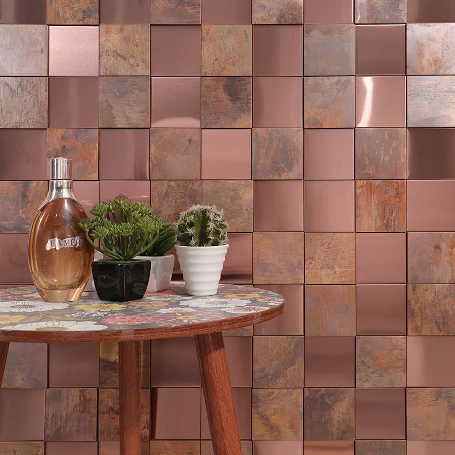Copper and Rose Stainless Steel 3D Mosaic Tiles used as wall decor
