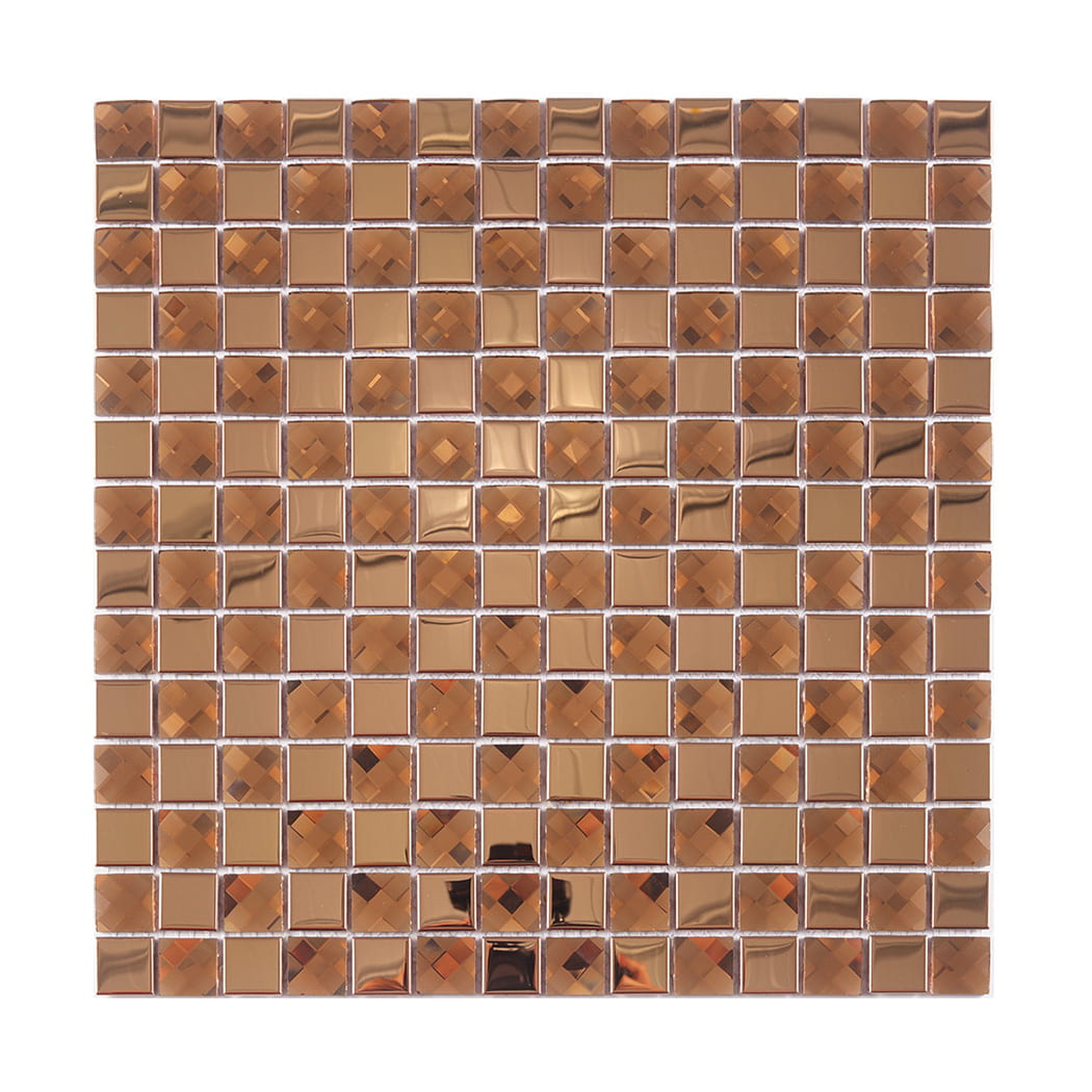 Full sheet of copper square faceted glass mosaic tile on a white background.
