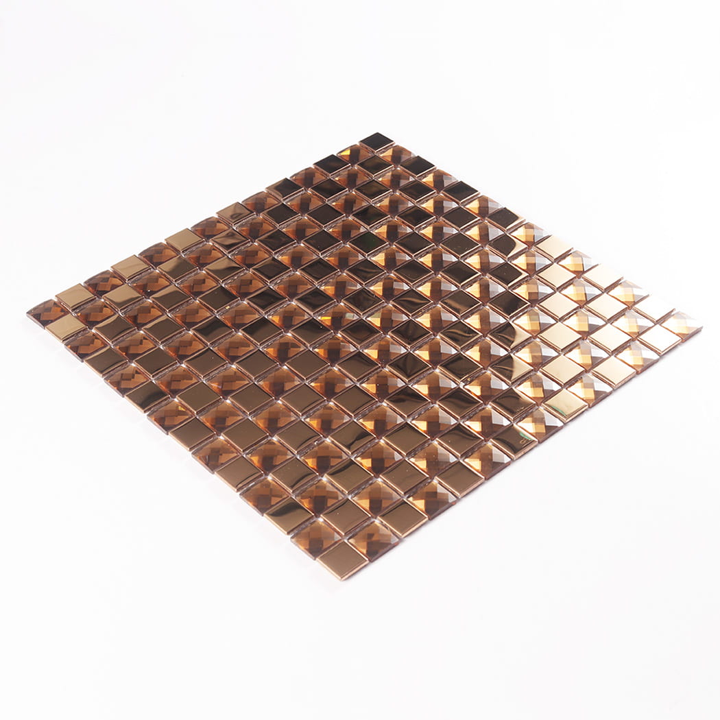 A full sheet of copper square glass mosaic tile viewed from a tilted angle.