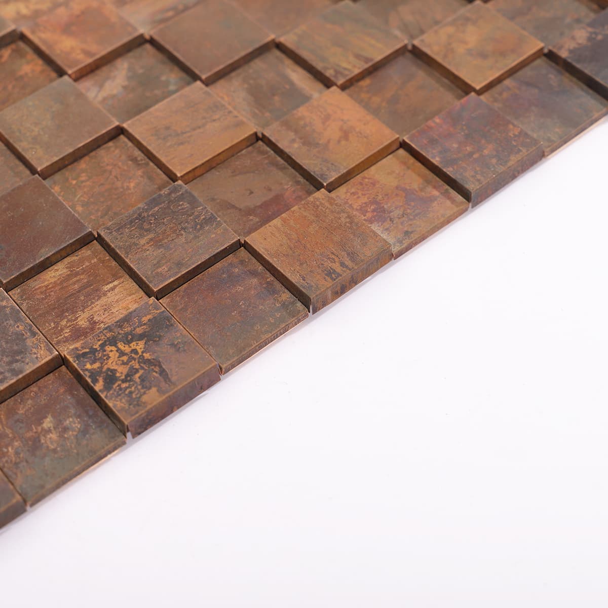 Copper square mosaic tile sheet corner angle view