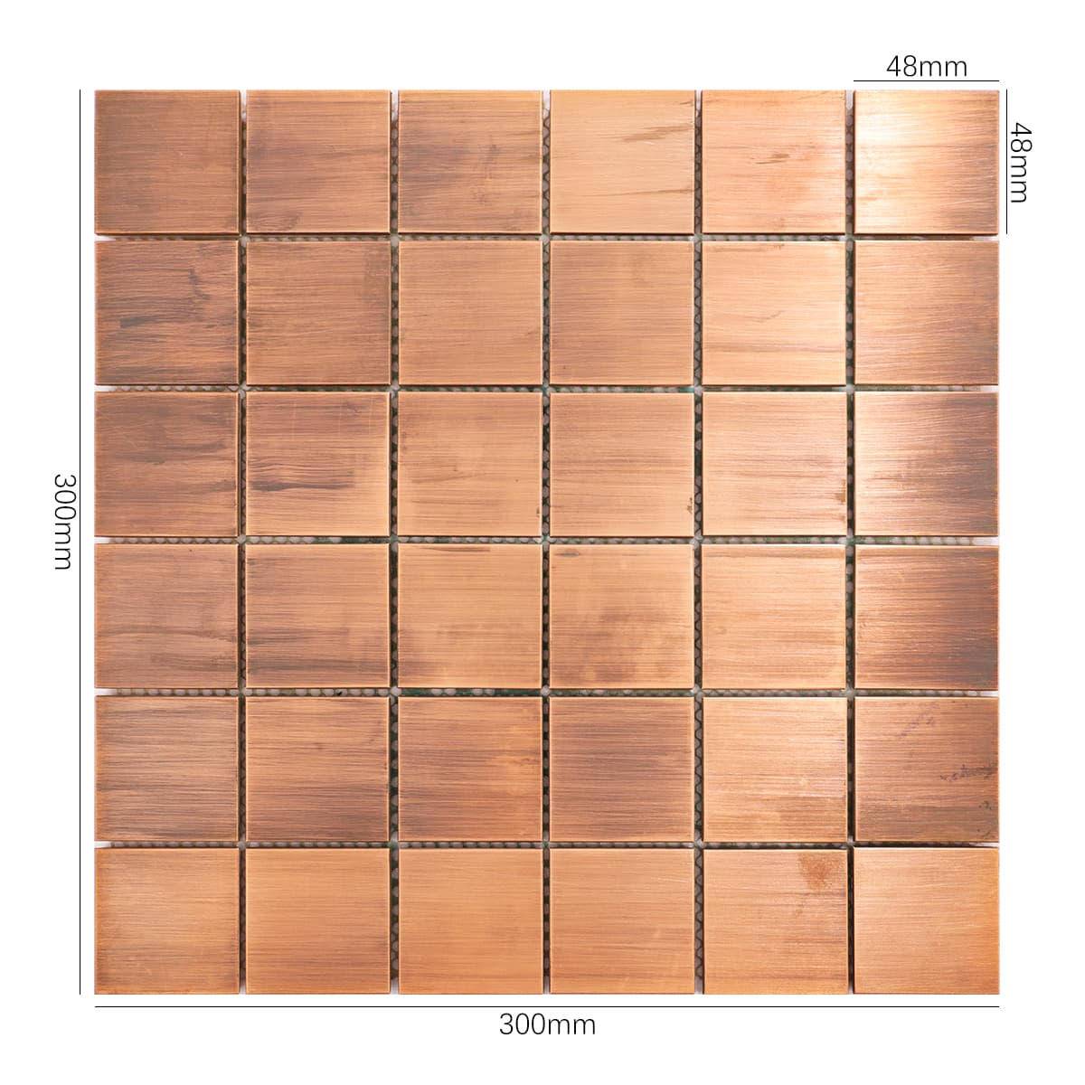 Front view of brushed copper square mosaic tile sheet