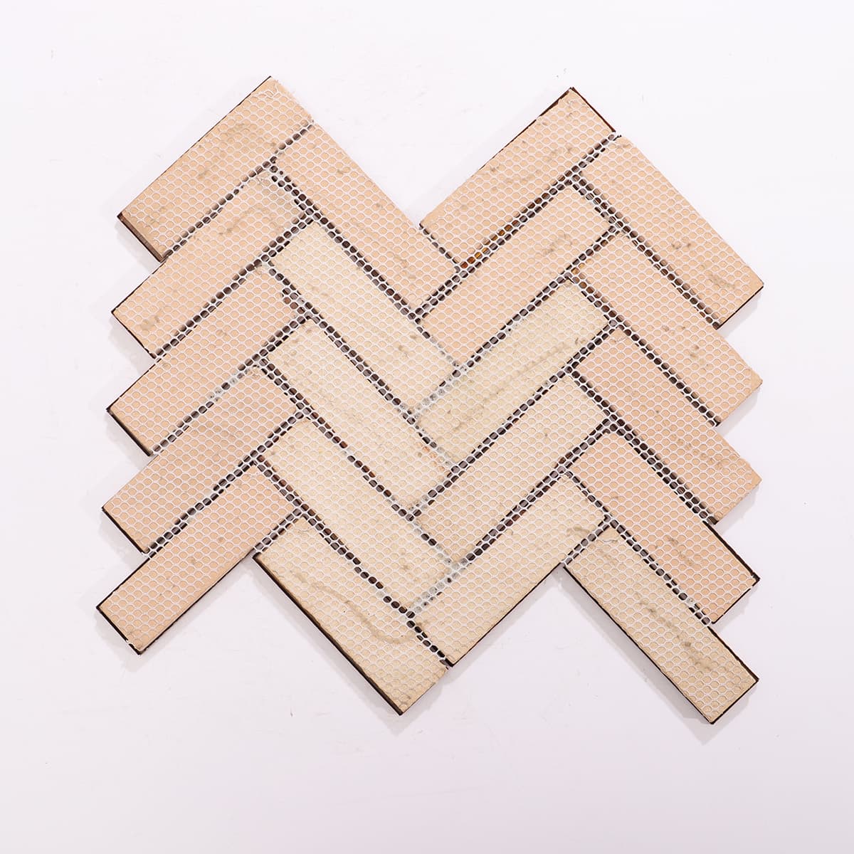 Mesh-backed copper herringbone mosaic ready for installation