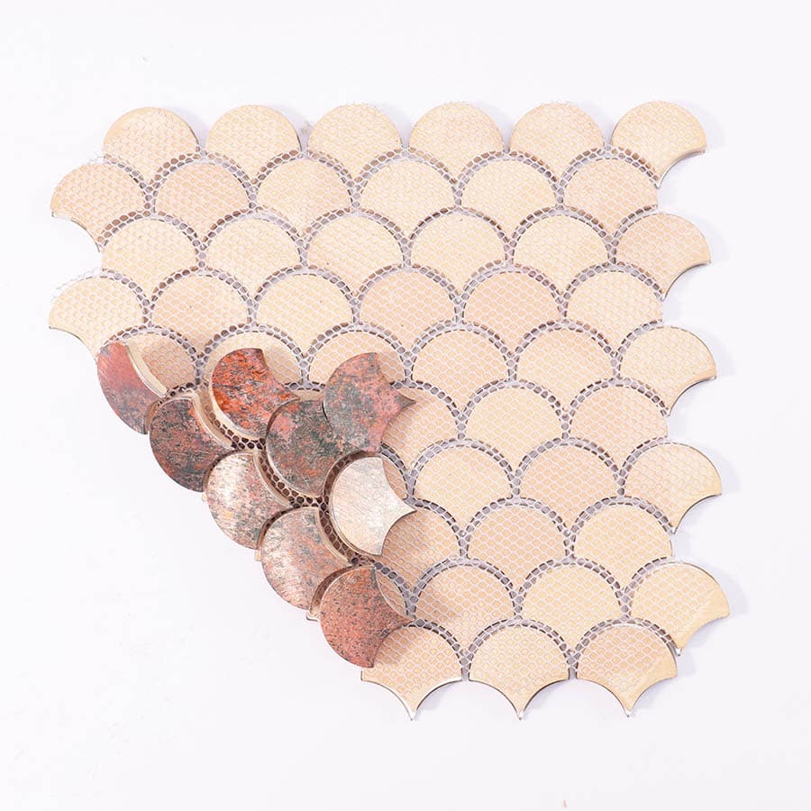 Back mesh view of copper tone fish scale aluminum mosaic tile sheet