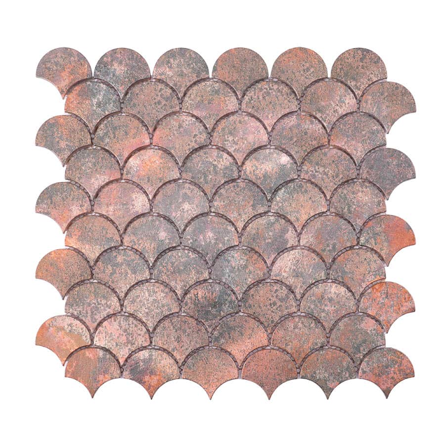 Front view of copper tone fish scale aluminum mosaic wall tiles