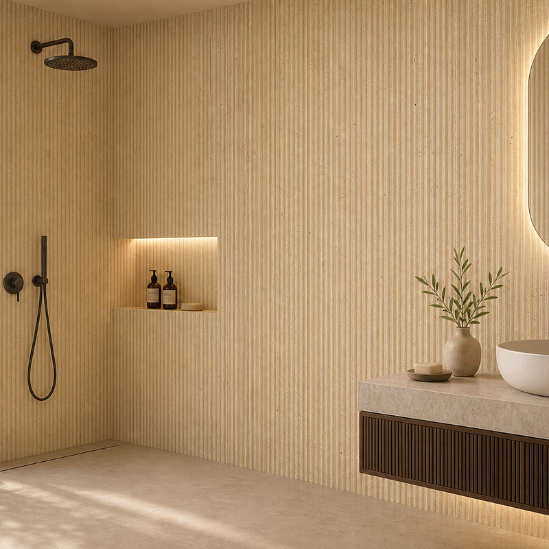 Cream fluted travertine wall tiles with shower niche and modern vanity design