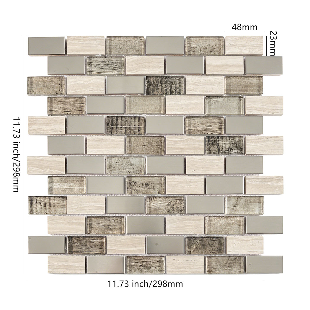 Cream gray stone glass and brushed metal subway mosaic tile sheet with 48x23mm chips