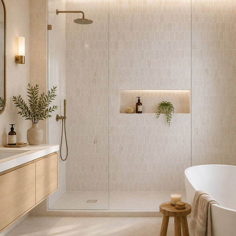 Cream marble fish scale tile shower wall with niche and brass fixtures