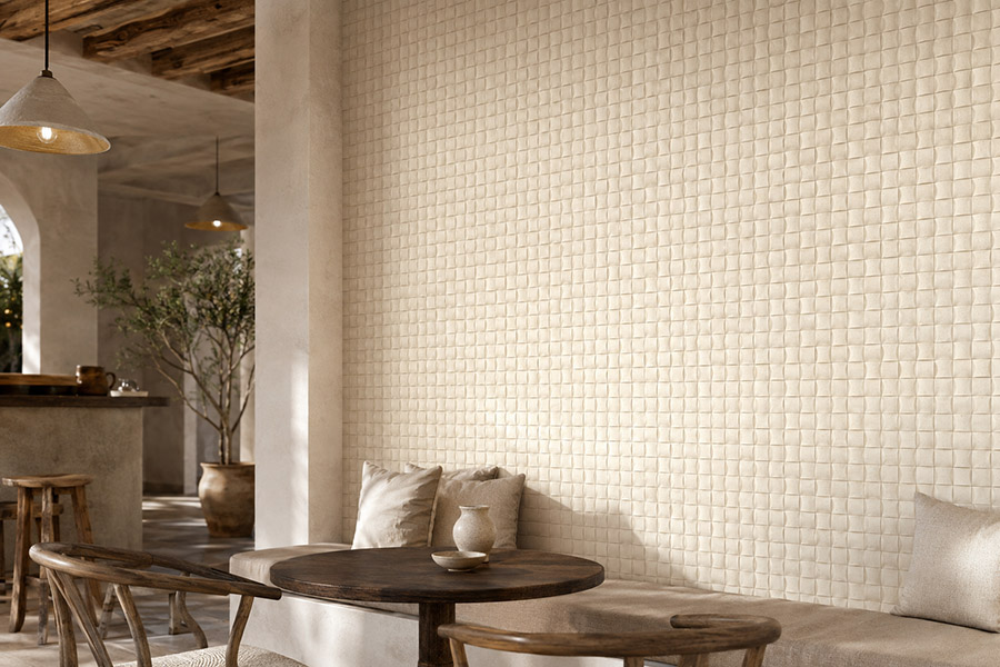 Cream Mediterranean wall tiles in a rustic café with warm wooden furniture