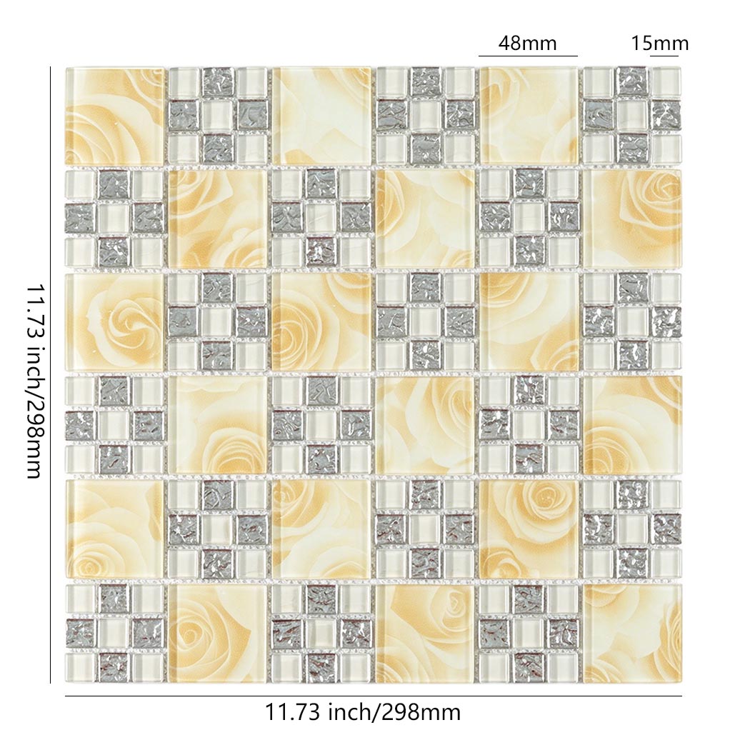 Cream rose and silver mixed square glass mosaic sheet with 48mm and 15mm tiles