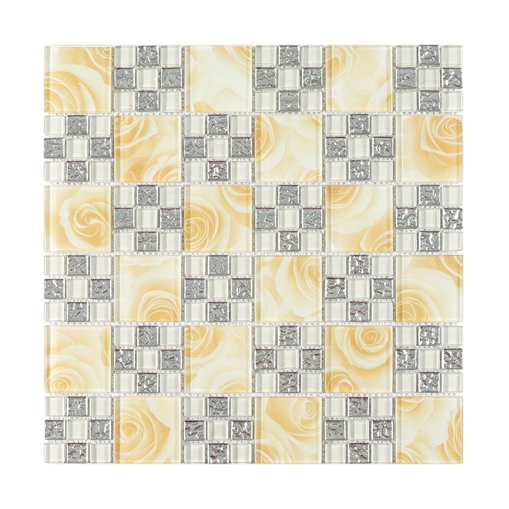 Full sheet of cream rose and silver mixed square glass mosaic tile