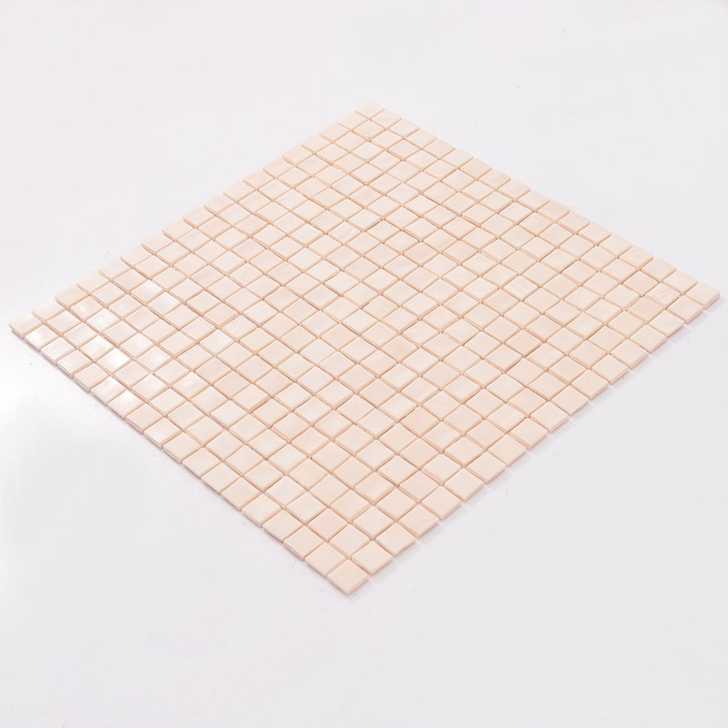 Angled view of a full cream square glass mosaic tile sheet