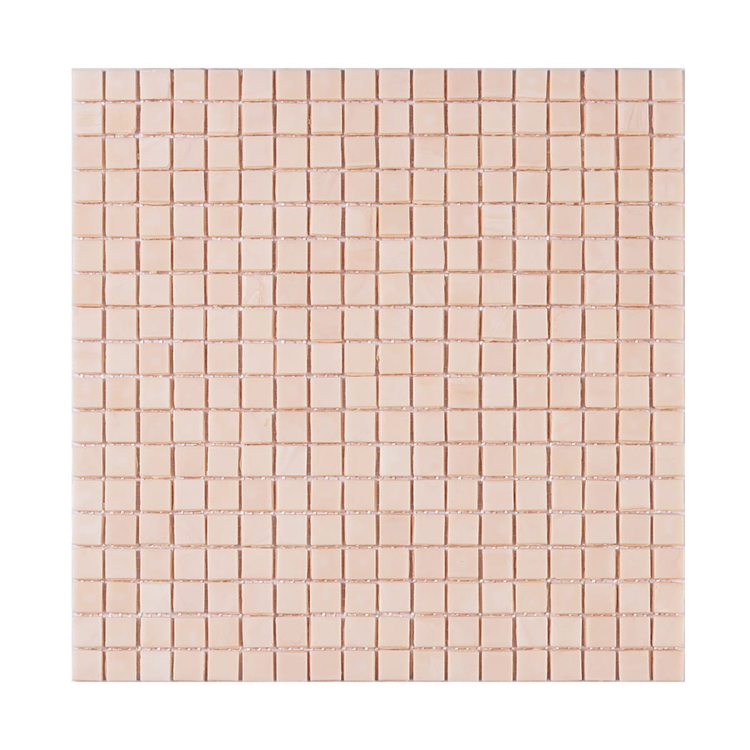 Full sheet of cream square glass mosaic tile on a light background