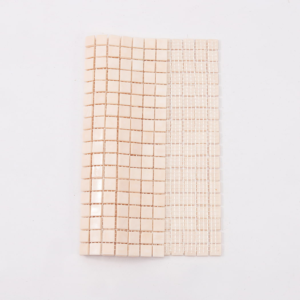 Cream square glass mosaic tile sheet showing front and mesh backing