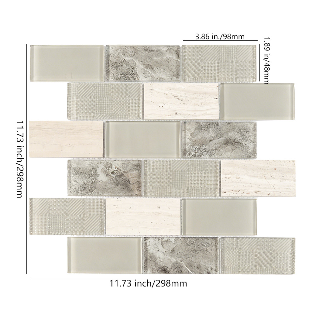 Cream stone and gray glass subway mosaic tile sheet with 98x48mm staggered chips