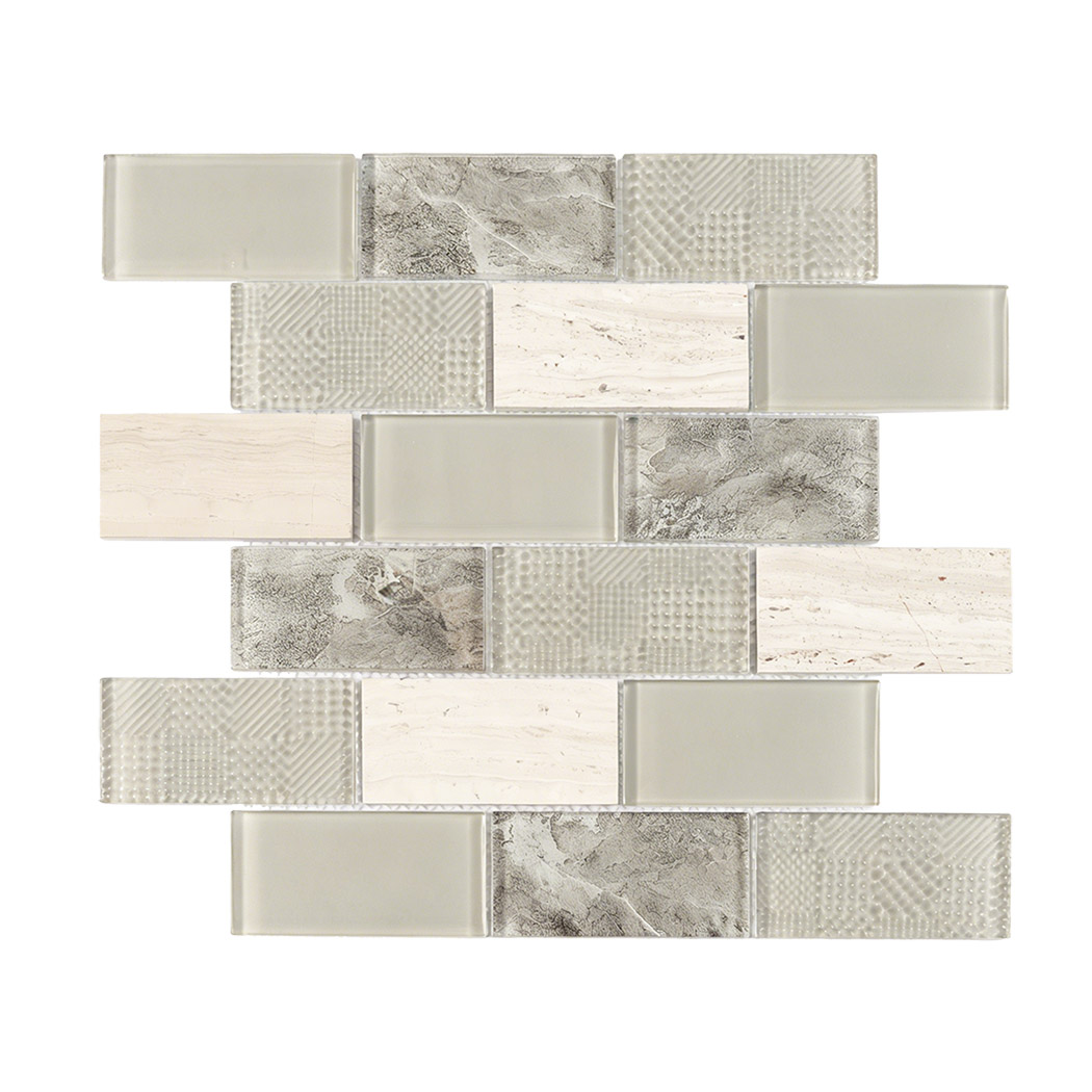 Cream stone and gray glass subway mosaic sheet with textured gray glass chips