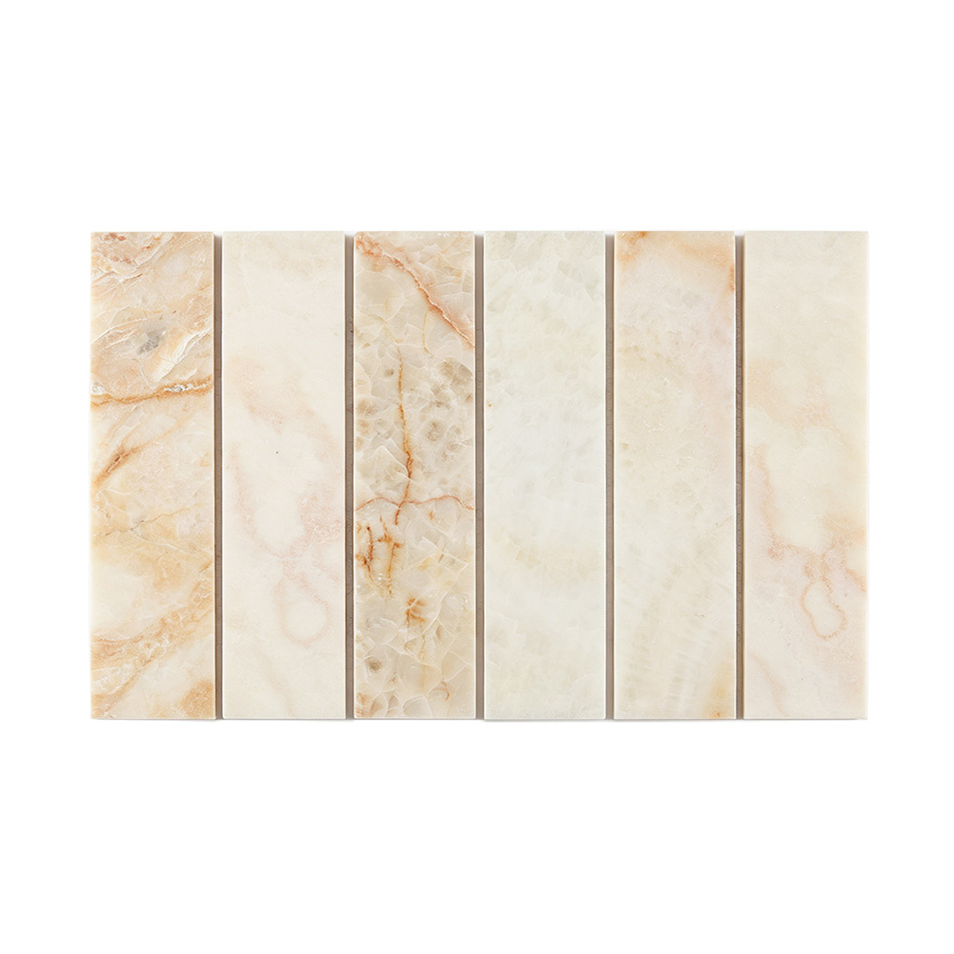 Cream vertical marble strip mosaic with soft beige and peach veining
