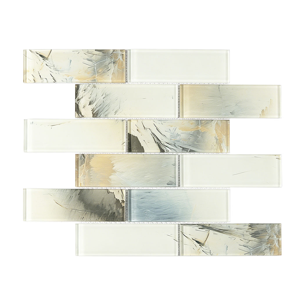 Cream white glass subway tile with blue gray and beige abstract accents