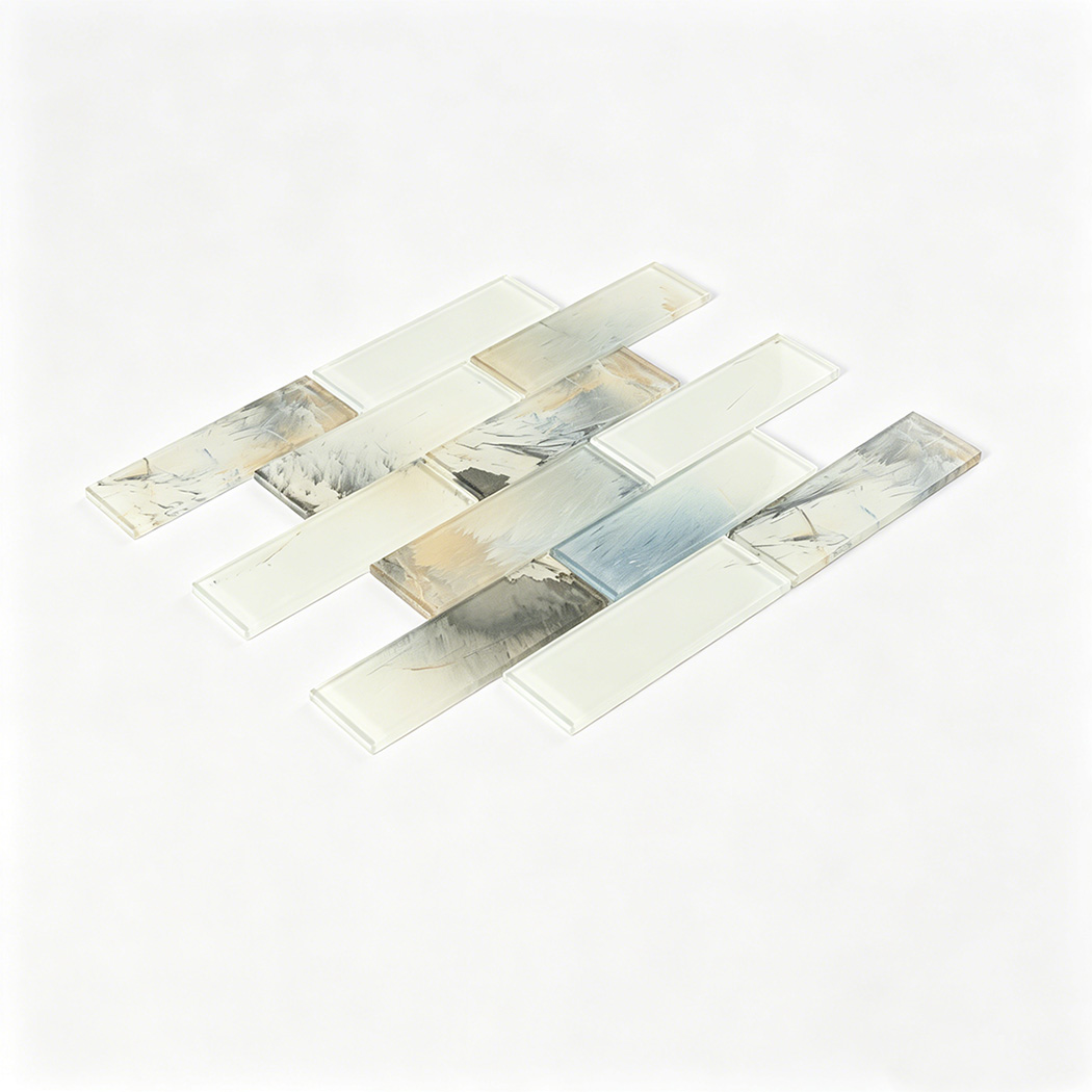 Cream white abstract glass subway tile sheet in angled perspective view