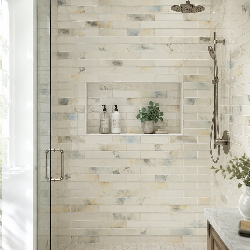 Cream white abstract glass subway tile shower wall with recessed niche