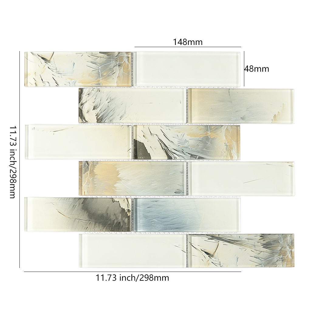 Cream white abstract glass subway tile sheet with 148x48 mm chips