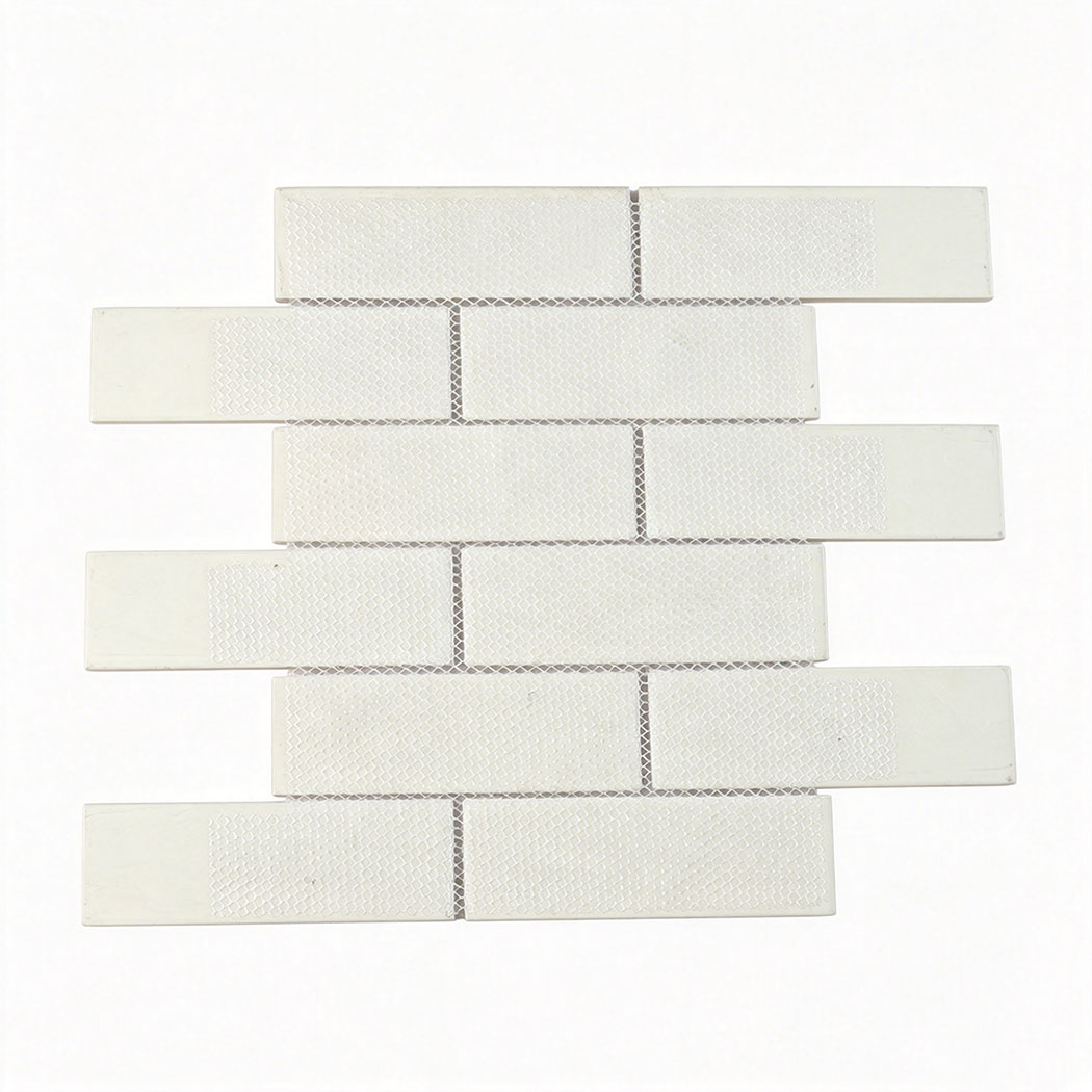 Back view of cream white glass subway tile sheet with white mesh mounting