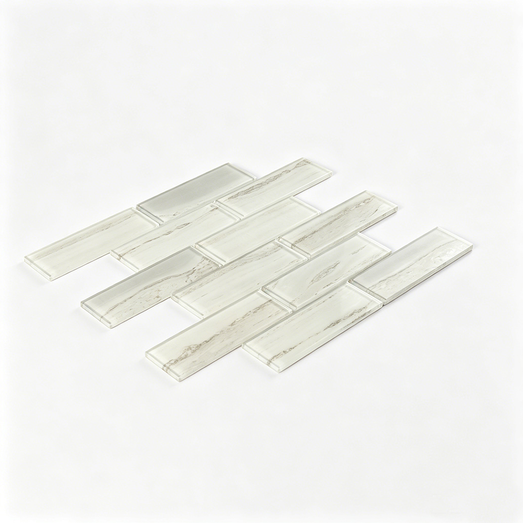 Cream white glass subway tile sheet in angled perspective view