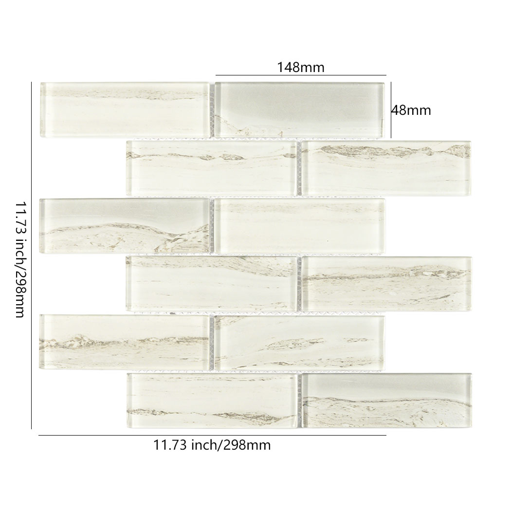 Cream white glass subway tile sheet with 148x48 mm chip size