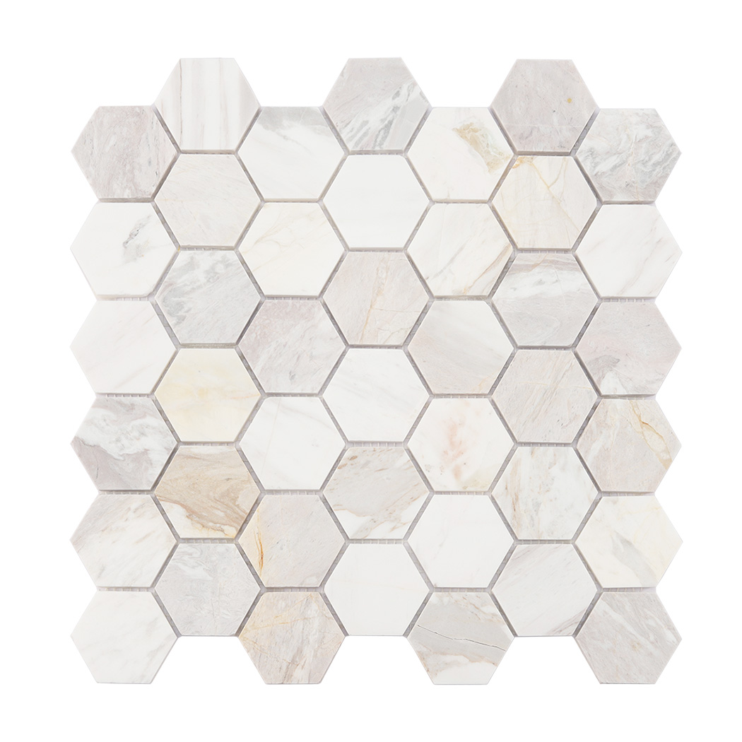 Full sheet view of cream and white hexagon marble mosaic tile