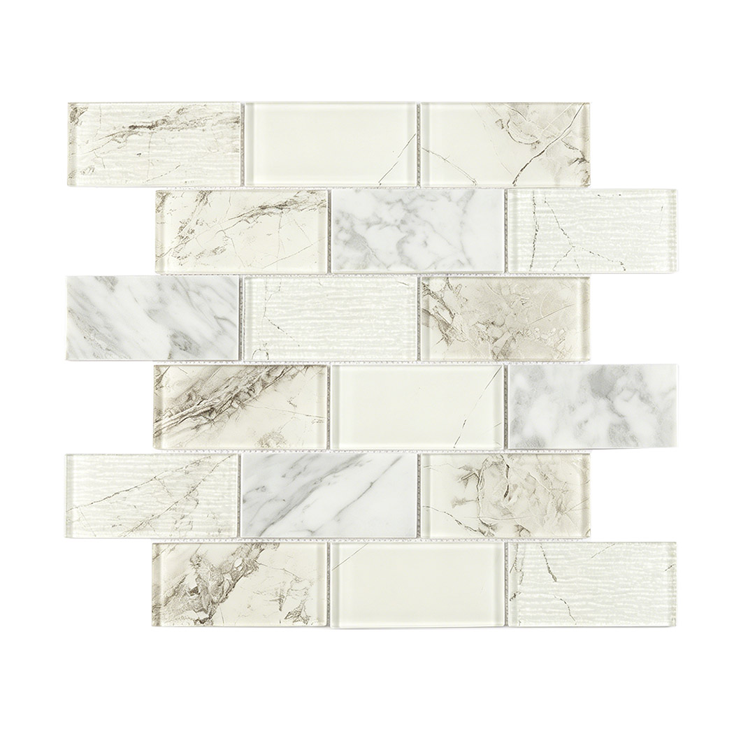 Cream white marble and textured glass subway mosaic in staggered brick layout