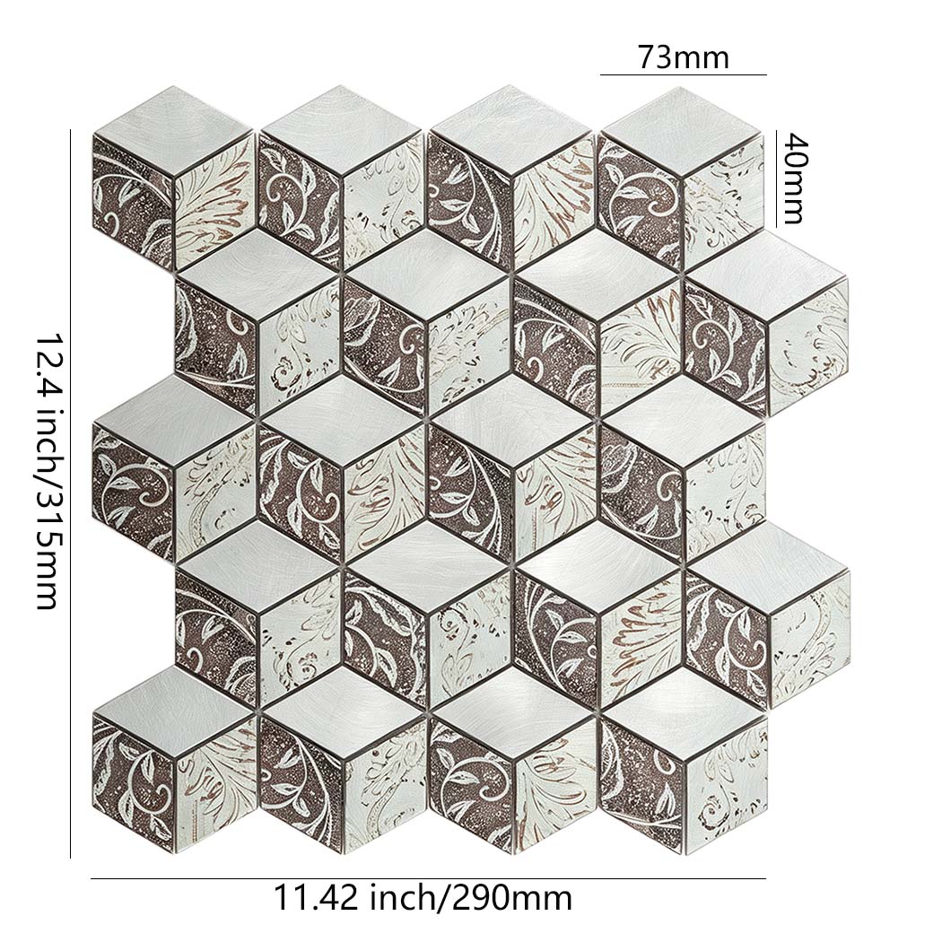 3D cube metallic mosaic tile with floral pattern and dimensions.