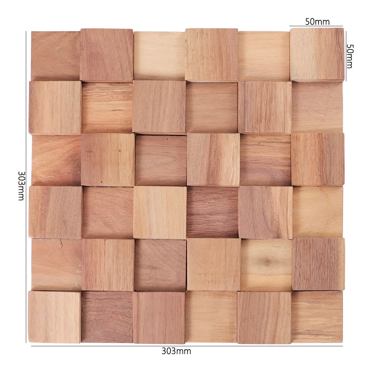 Square wood mosaic tile sheet labeled