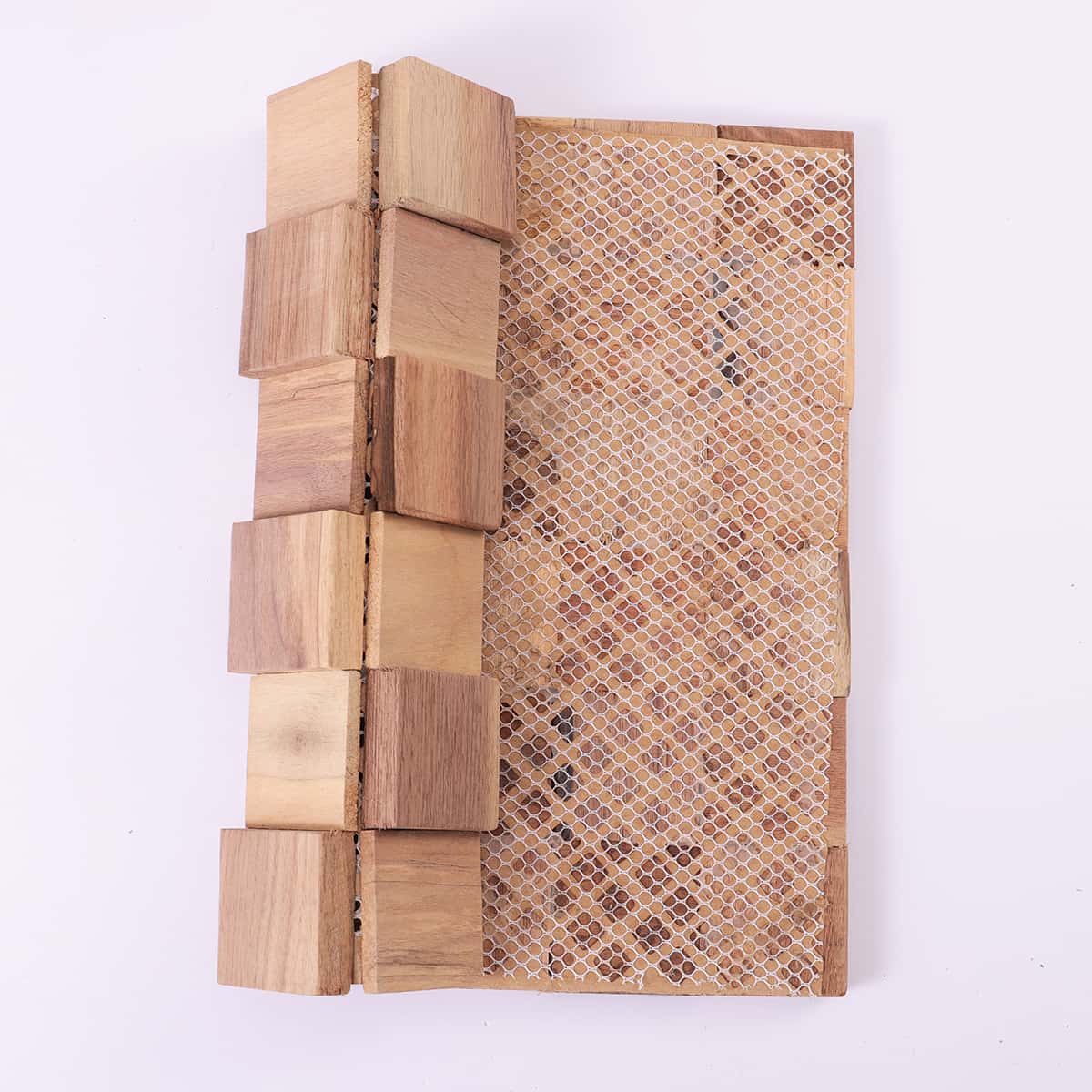 3D cube wood mosaic tile with mesh backing for mounting