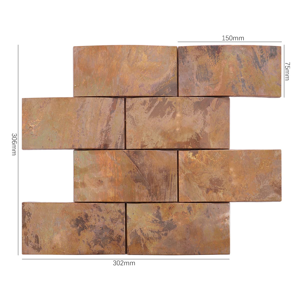 Curved rectangular copper mosaic tile sheet front view