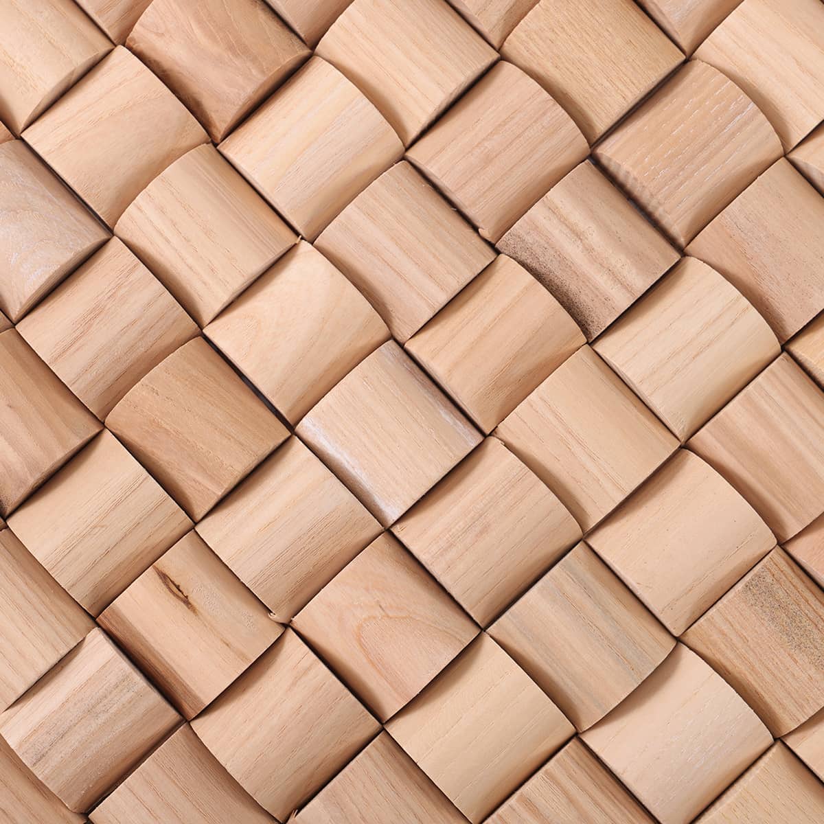 Close-up of 3D curved wood tiles with natural wood grain
