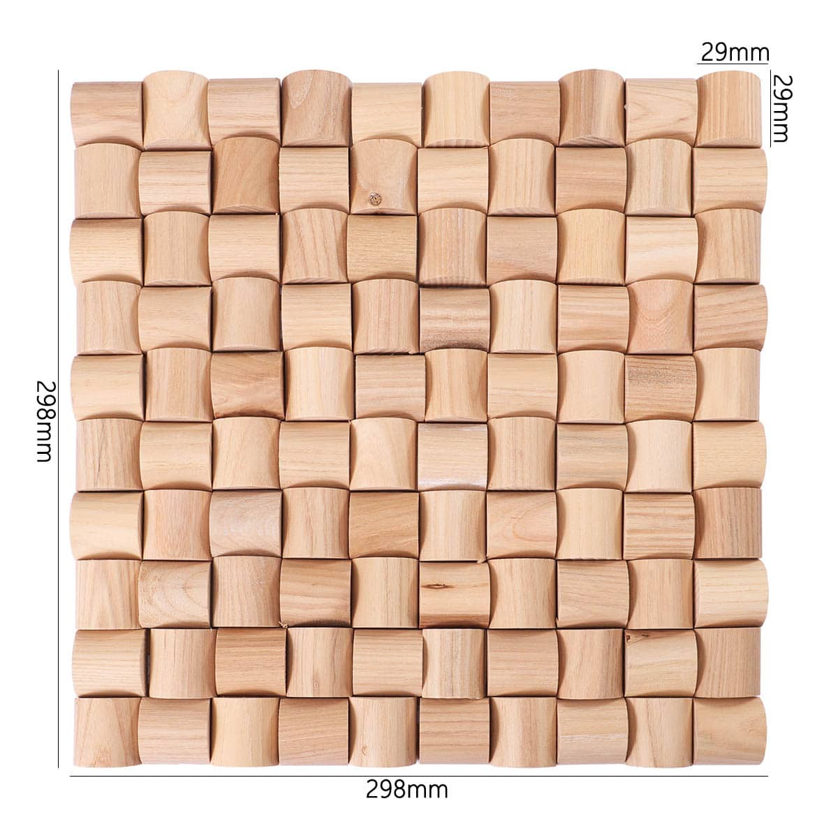 Curved wood mosaic tile sheet with size label
