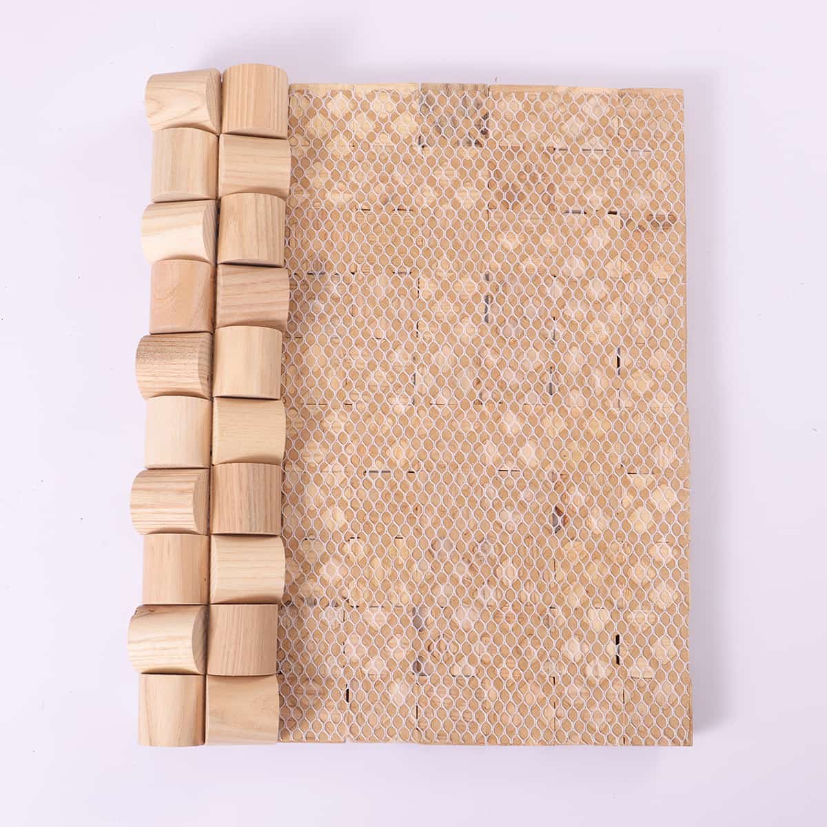 Curved wood mosaic with mesh backing for easy installation