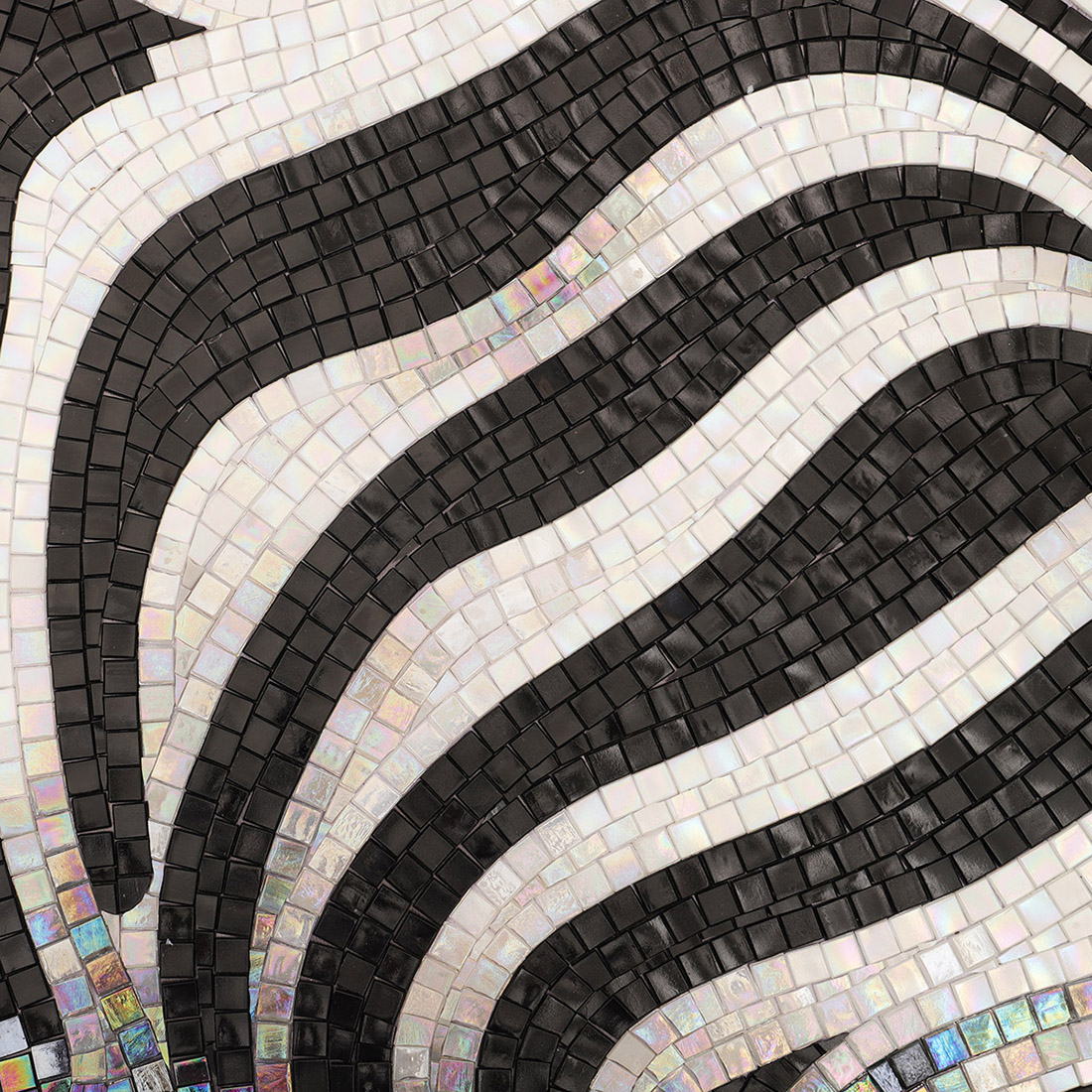 Curved black and white zebra stripe mosaic with shimmering glass accents