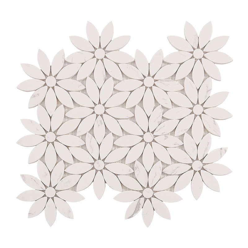 White artificial stone mosaic tiles in daisy shapes, a sheet.