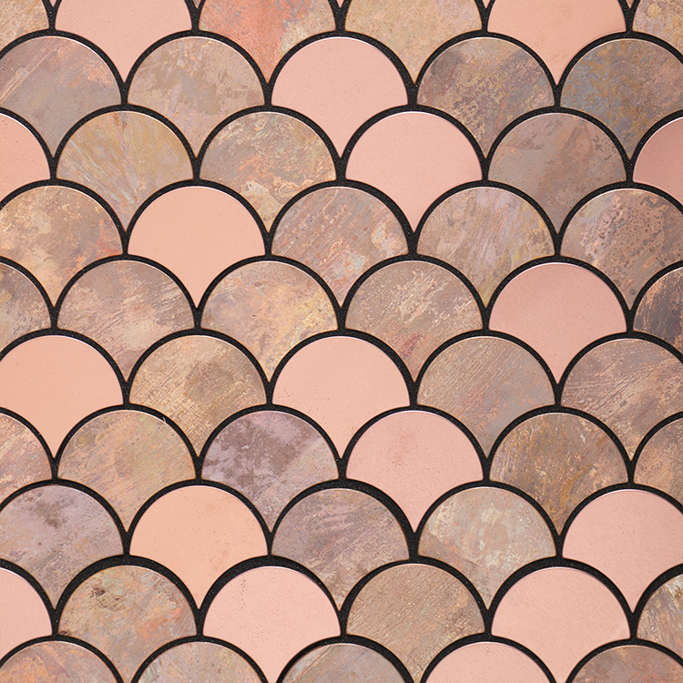 Front view of fish scale metal mosaic tiles in bronze and stainless steel.